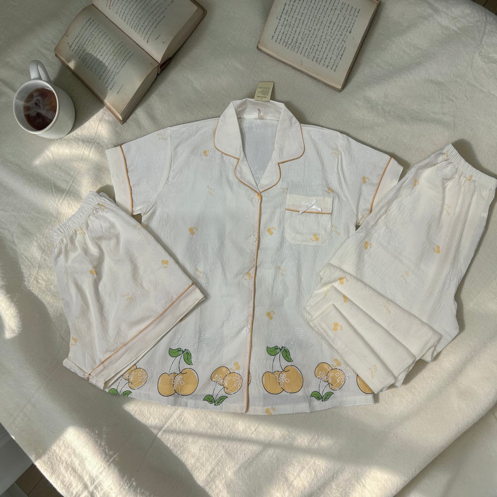 Soft Ivory Cherry 3-Piece Crush Cotton Lounge Set