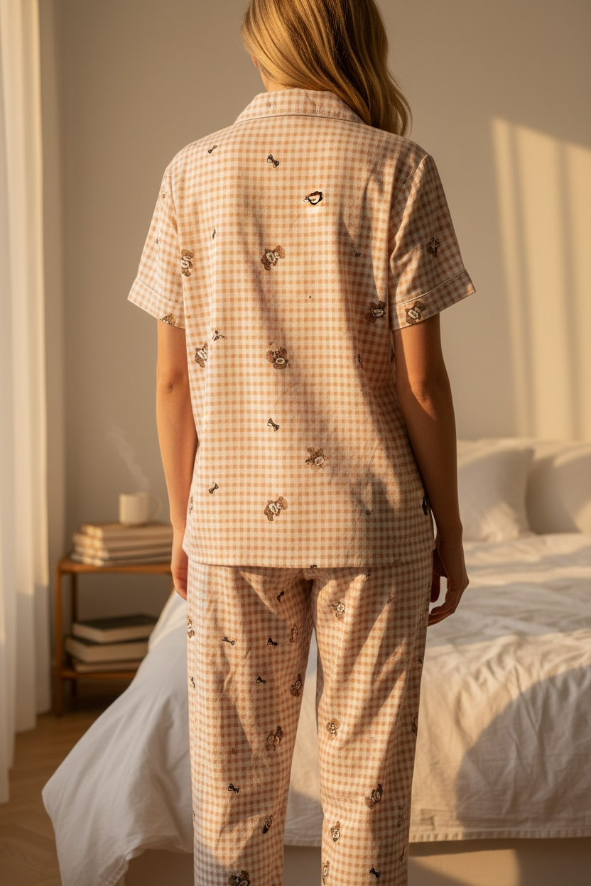 Teddy Gingham Cotton Night Suit Set
