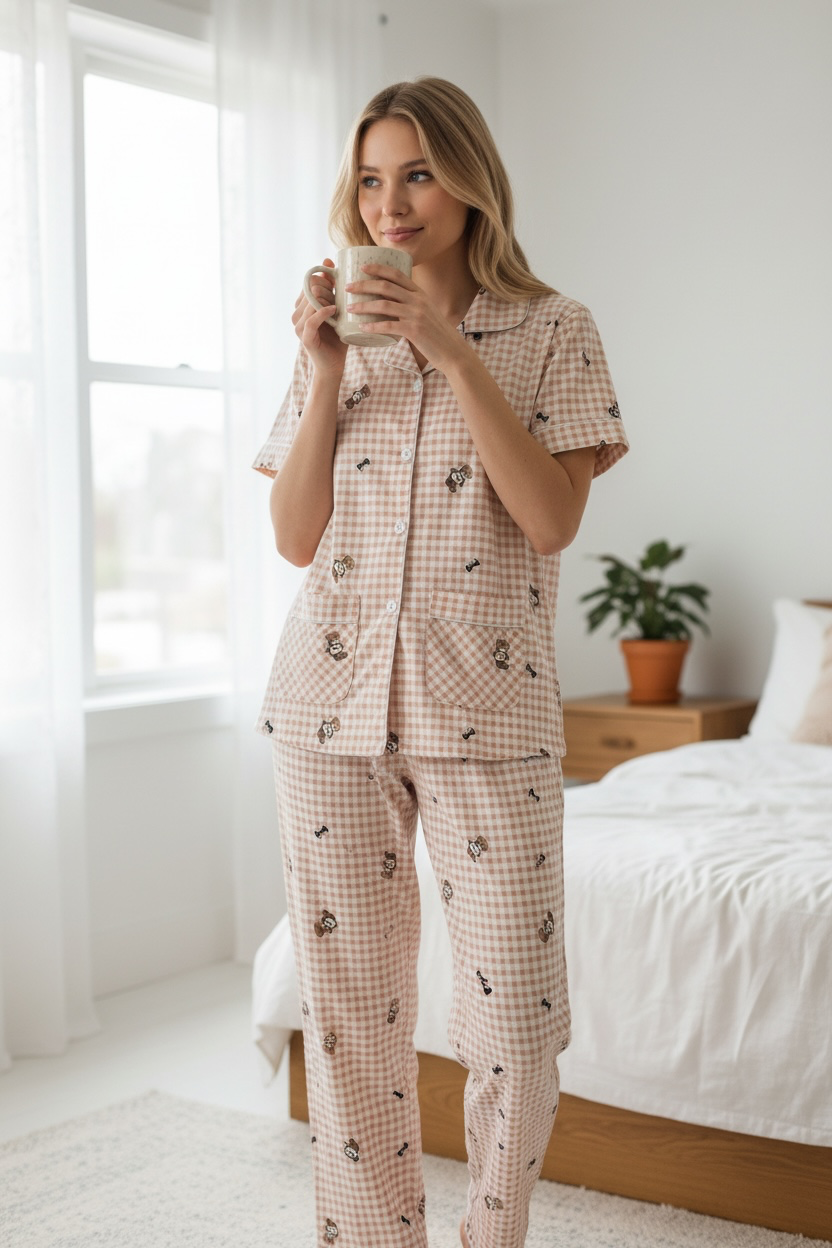 Teddy Gingham Cotton Night Suit Set
