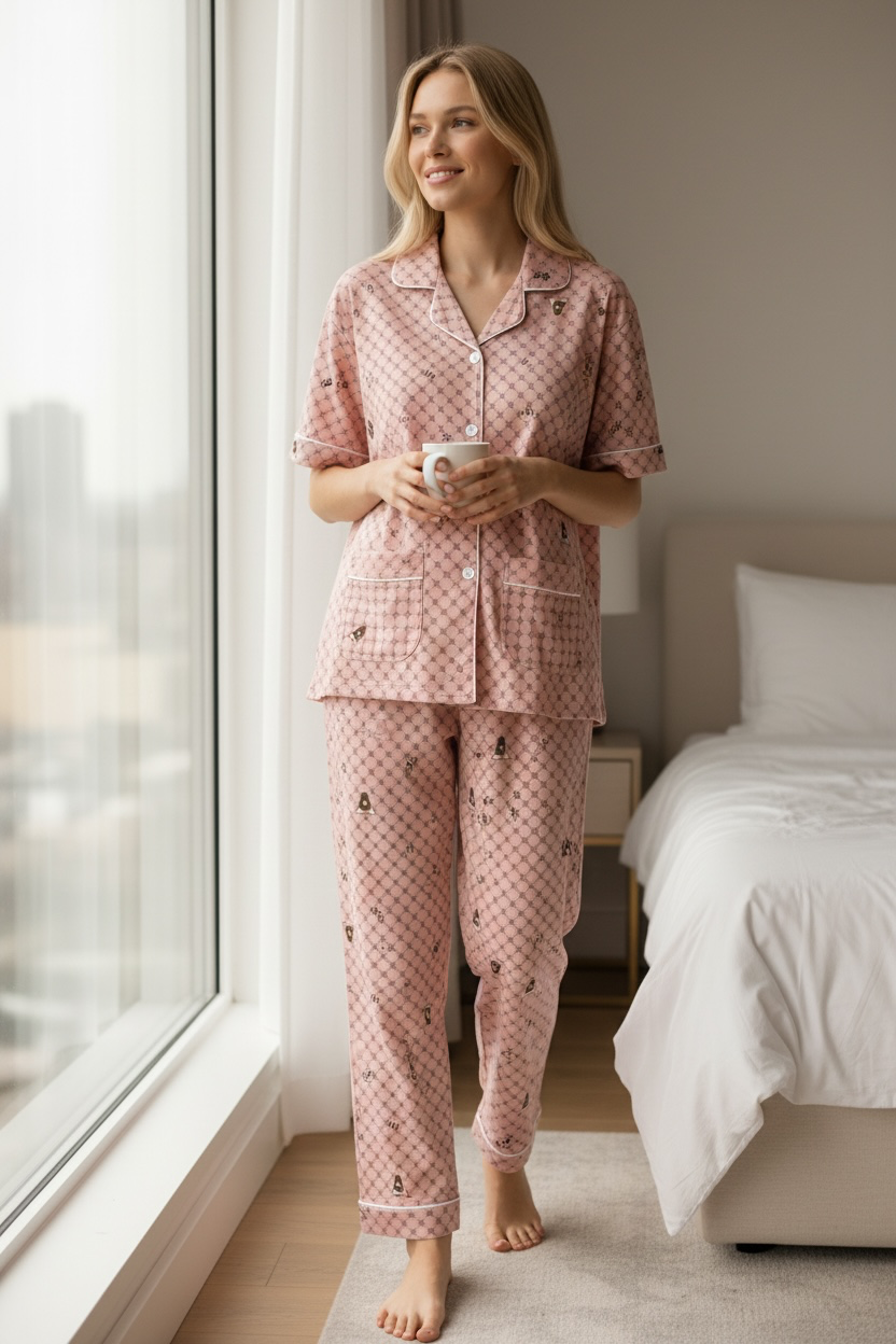 Peach Bear Motif Night Suit Set