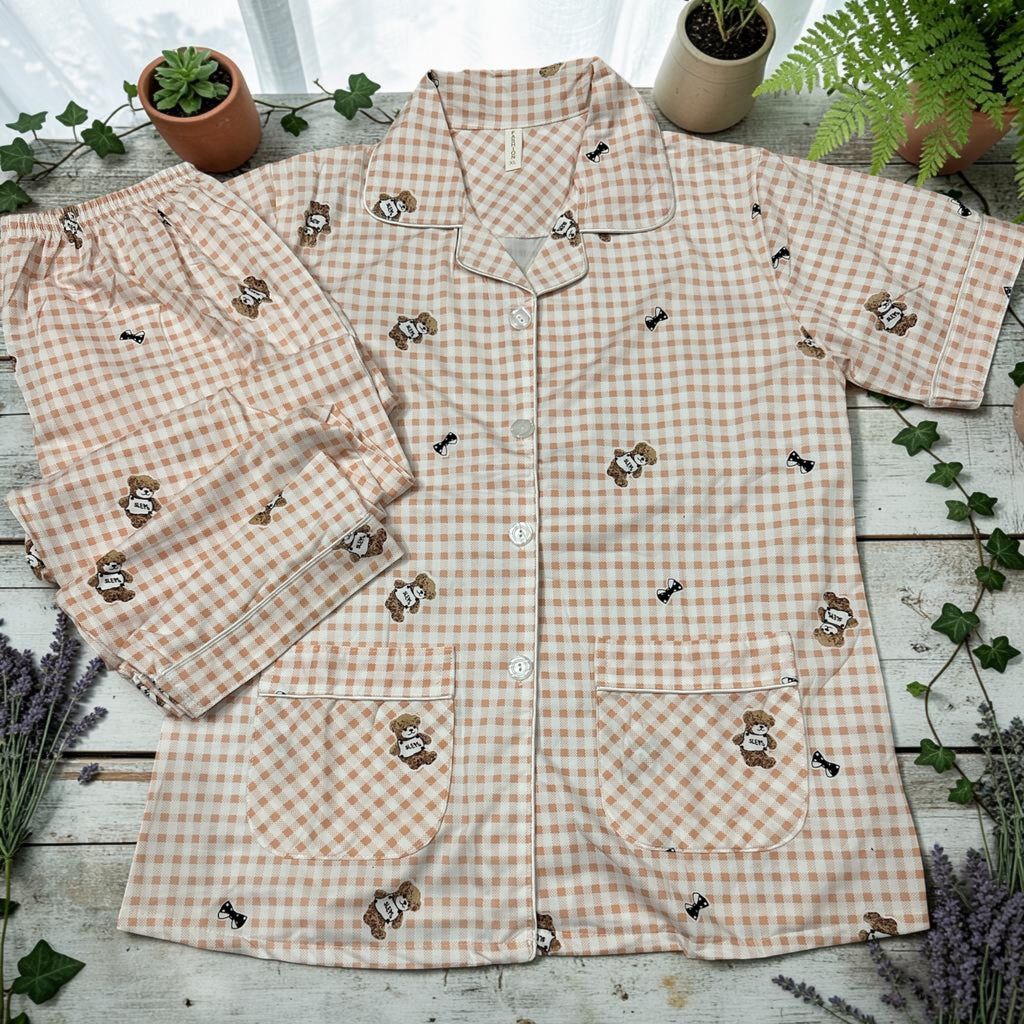 Teddy Gingham Cotton Night Suit Set