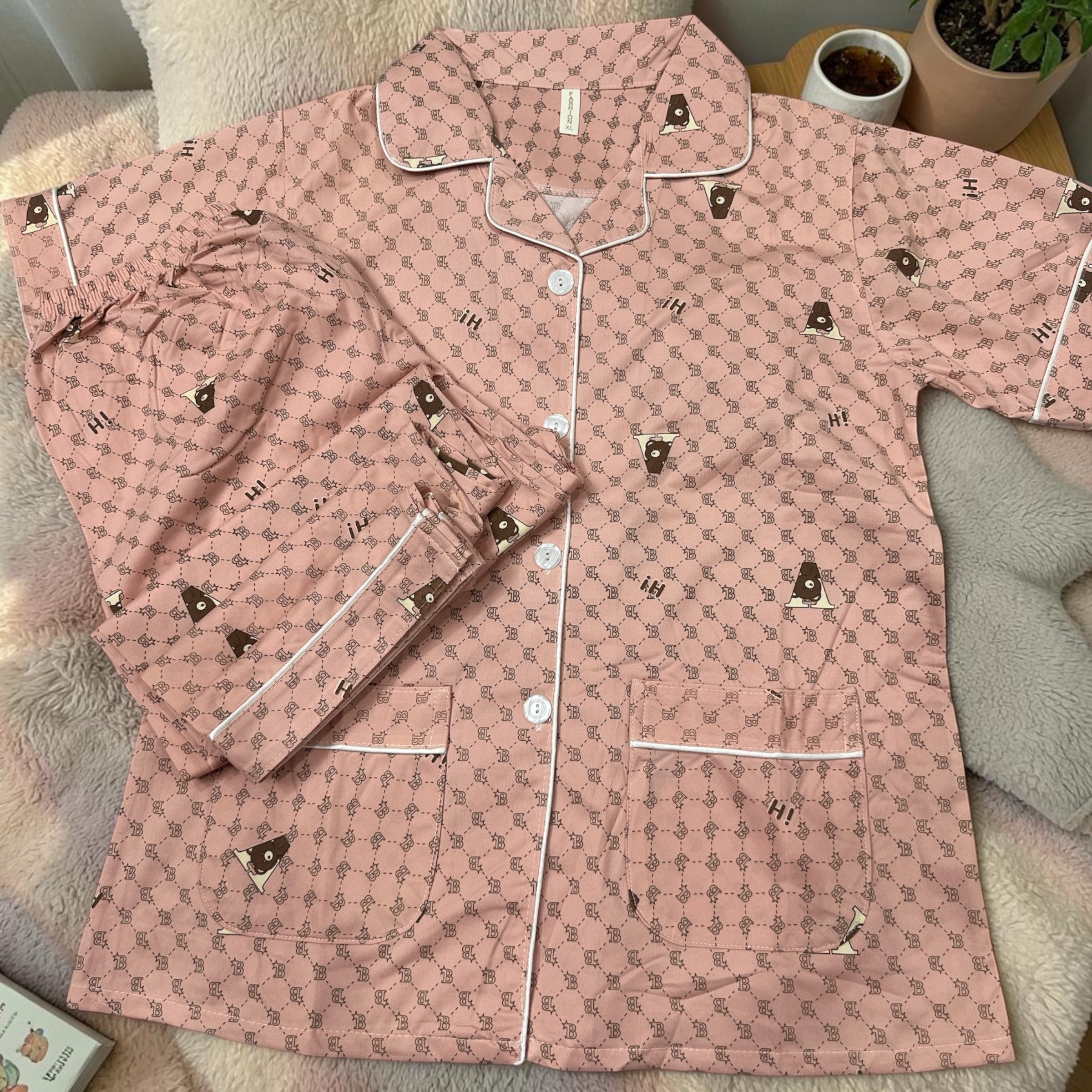 Peach Bear Motif Night Suit Set